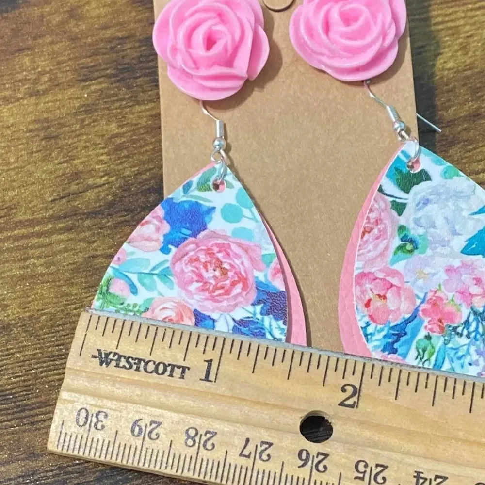 Women's Floral Earring Set Pink Rose Studs Rose Dangles Teardrop Dangles Fashion